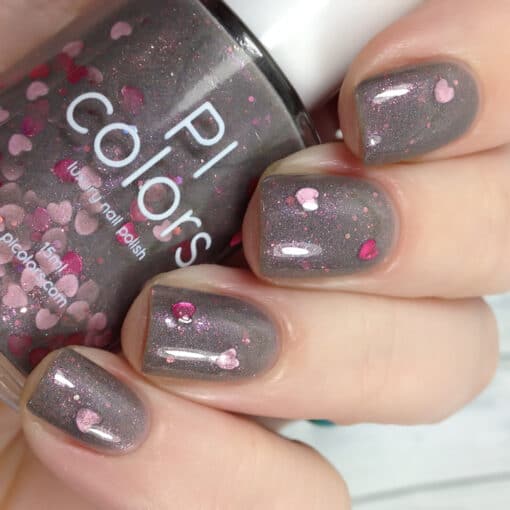 Chaos Heart.000 Gray Nail Polish with Pink Heart Glitter by PI Colors