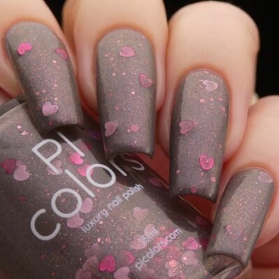 Chaos Heart.000 Gray Nail Polish with Pink Heart Glitter by PI Colors
