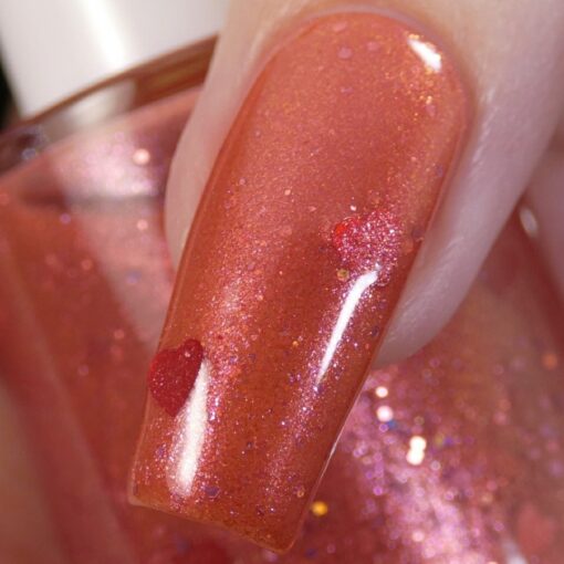 Strawberry Jam.228 Nail Polish with Red/Gold Shimmer and Heart Glitter by PI Colors